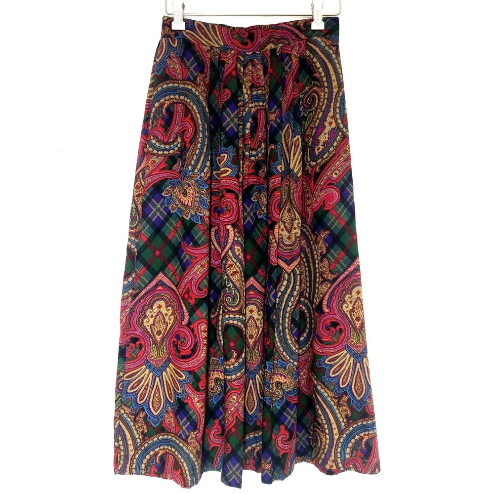 NWOT 80's VTG Separate Issue Jewel Tone Paisley Pleated Rayon Skirt Pockets sz 8